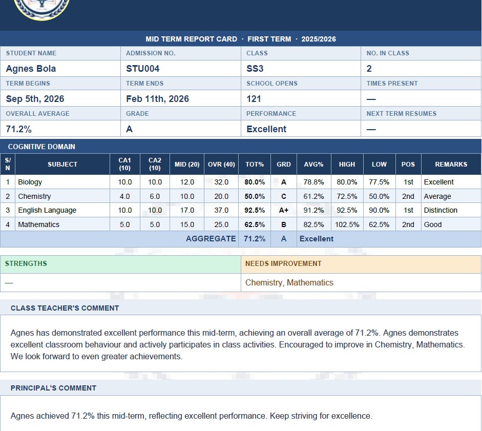 EduTek student report card with grades and AI comment